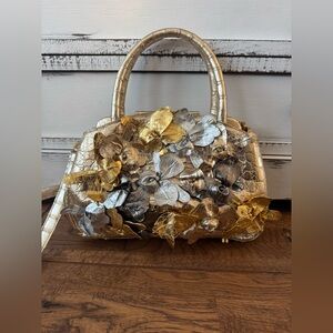 Nancy Gonzalez Gold Metallic Floret Applique Crocodile Satchel Limited Edition